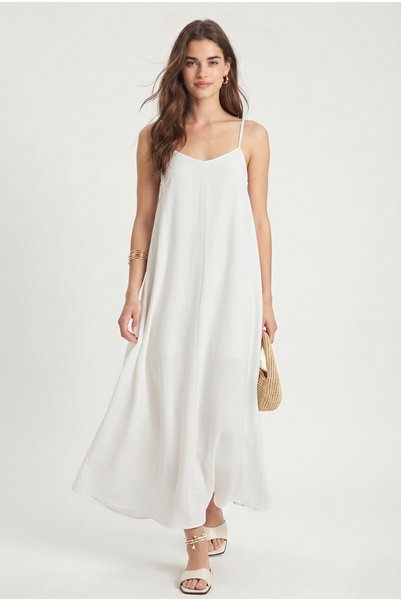 Women's Sand Adjustable Strap Soft Textured Comfortable White Woven Long Dress