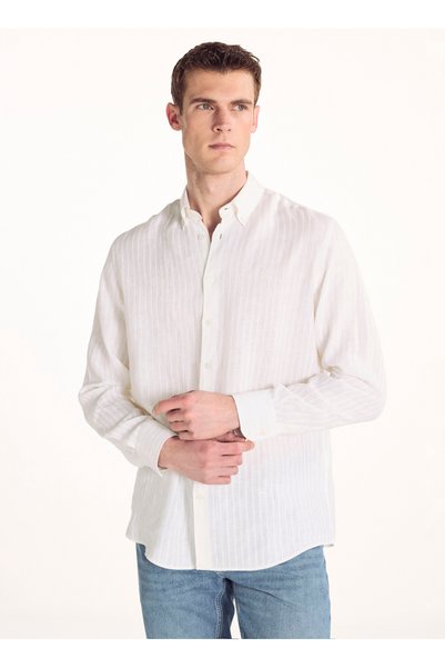 Beige Men's Buttoned Comfort Fit Striped Shirt TBMRSH2053