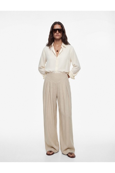 Comfortable Fit Linen Blend Pleated Skirt Trousers - Beige