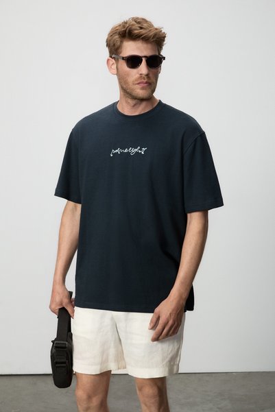 Saimon men's 100% organic cotton round neck embroidery detailed regular fit navy blue t-shirt