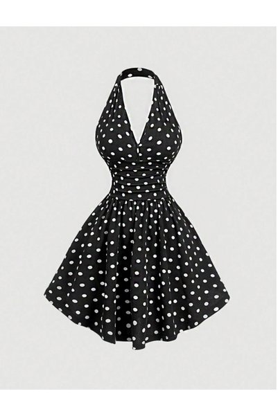 Black Polka Dot Halter Neck Midi Dress