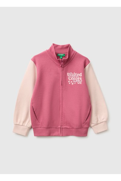 Girl's Fuchsia Front Embroidered Ribbed High-Neck Zippered Stand-Up Collar Sweatshirt