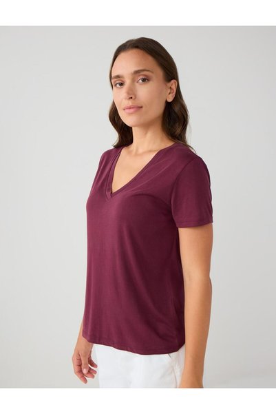 Burgundy Straight Cut V-Neck Short Sleeve Basic Knitted T-Shirt