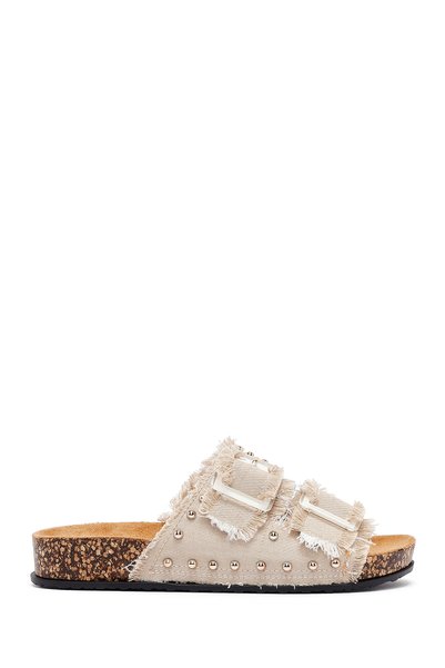 Women's Beige Double Buckled Studded Fabric Slipper 26Sfe40066F
