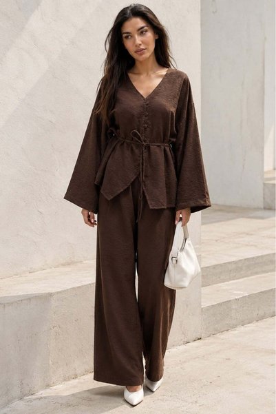 Bitter Brown V-Neck Buttoned Belted Double Modal Women's Set Mg2619