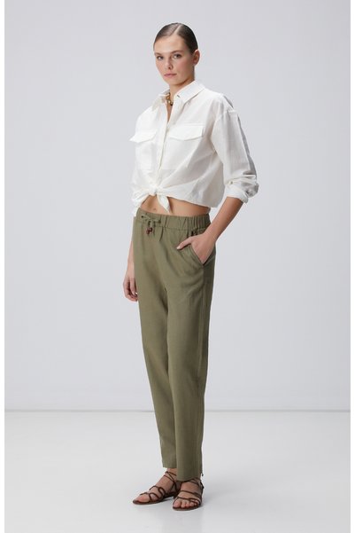 Khaki Linen Mix Jogger Pants