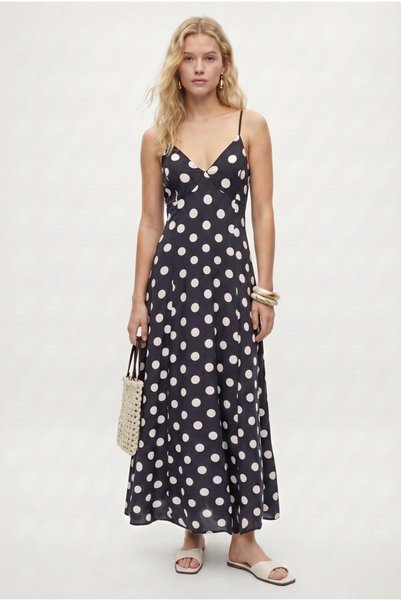 Women's Week Elastic Back Anthracite Polka Dot Strappy Long Dress