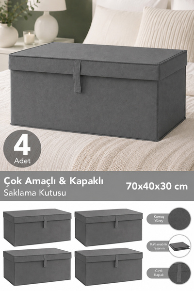 Set of 4 Mega Plus Storage Boxes - Multi-Purpose Organizer Storage Box with Lid 70X40X30Cm Anthracite