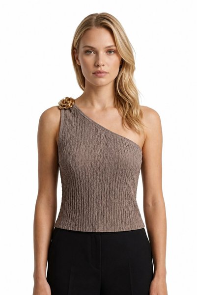 Premium - Tide Collection |   Mink One-Shoulder Women's Crop Blouse with Floral Accessories and Wrinkled Texture