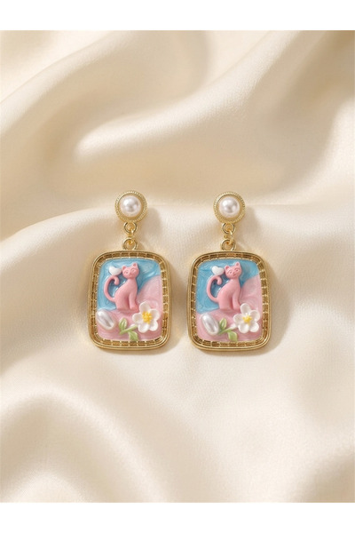Pink Cat Figured Rectangular Earrings with Flower and Pearl Detail