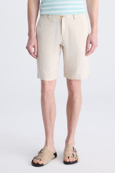 Ds Damat Slim Fit Beige Plain 100% Linen Shorts