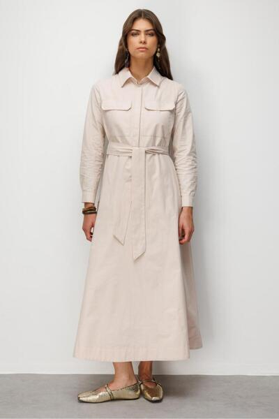 Pocket Detailed Poplin Stone Color Long Dress