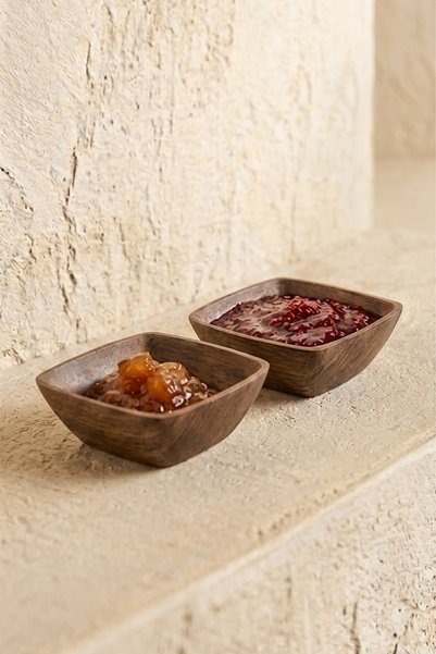 2-Piece Mini Square Acacia Look Snack Bowl Presentation Set - Decorative Breakfast Sauce Bowl