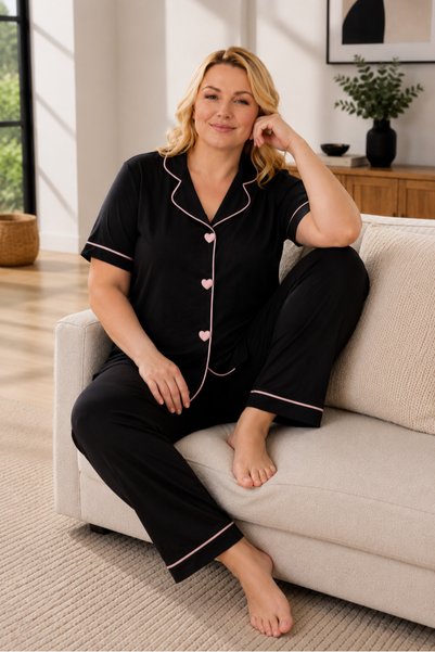 Bamboo Knitted Heart Embroidered Women's Pajama Set