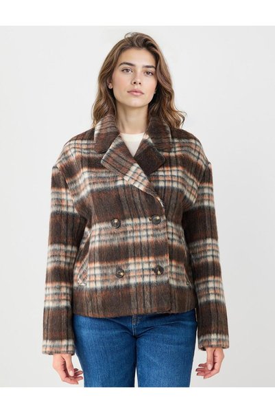 Orange Double-Breasted Collar Plaid Patterned Wool Blend Cashmere Coat