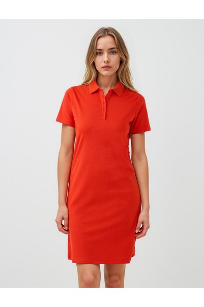 Red Straight Cut Shirt Collar Short Sleeve Mini Knitted Dress
