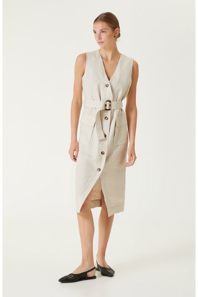 Beige Midi Linen Dress