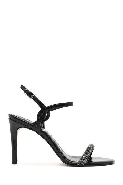 Women's Black Ankle Buckle Stone High Thin Heeled Shoes Sandals 25Sfe390714