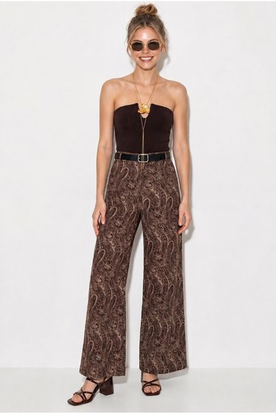Women's Brown Belted Lycra Shawl Patterned High Waist Wide Leg Trousers 7671 60286220