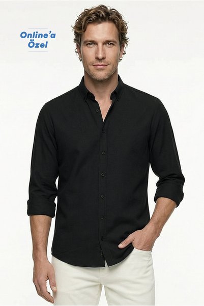 Long Sleeve Regular Fit Buttoned Collar Sporty Cotton Breathable Linen Look Shirt