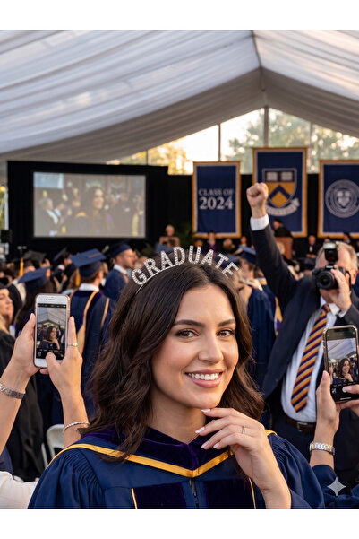Луксузна метална круна за матура со камења и натпис Graduate, сребрена