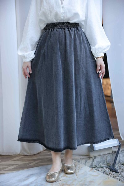 Anthracite Waist Elastic Pocket Denim Skirt