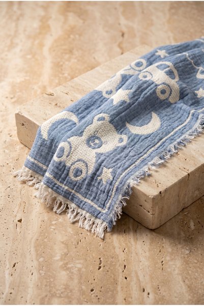 Children's Teddy Patterned Blue Peshtemal