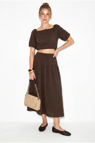 Women's Bitter Brown Balloon Sleeve Crop Blouse with Tie Detail Cotton Muslin Skirt Set Yc2728 60286287
