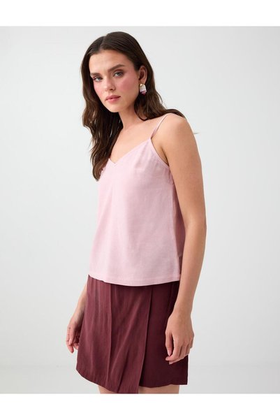 Fuchsia V-Neck Strappy Linen Blend Woven Blouse