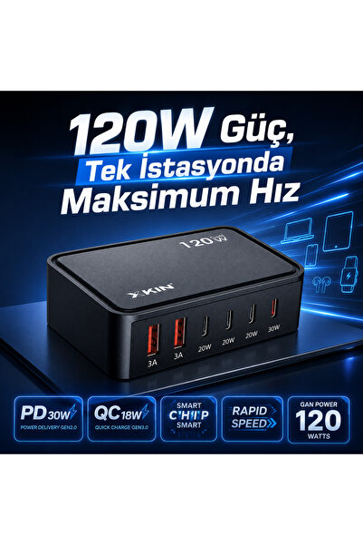 GaN 120W мулти полнач 5 порти USB-A USB-C PD30W QC18W десктоп брз полнач | XK-HC205