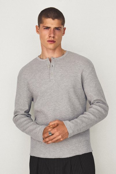 Slim Fit Long Sleeve Button-Down Collar T-Shirt