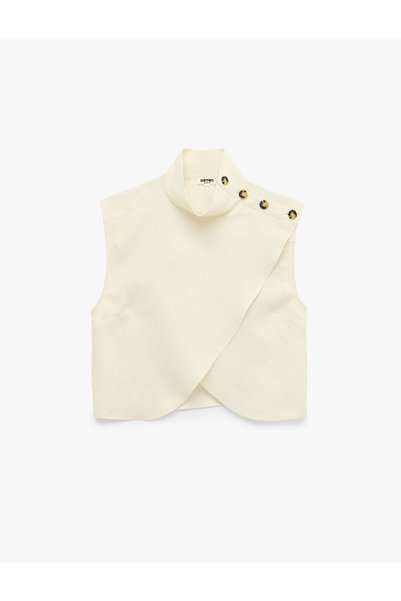Button Detailed Layered Linen Blend Sleeveless High Neck Asymmetrical Blouse