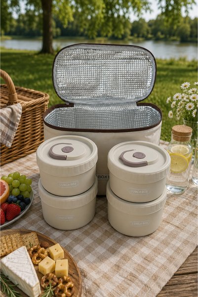 Heat Insulated Bag Steel 4 Piece Vacuum Food Thermos |   Nutrition Thermos |   Portable Expedition Bag
