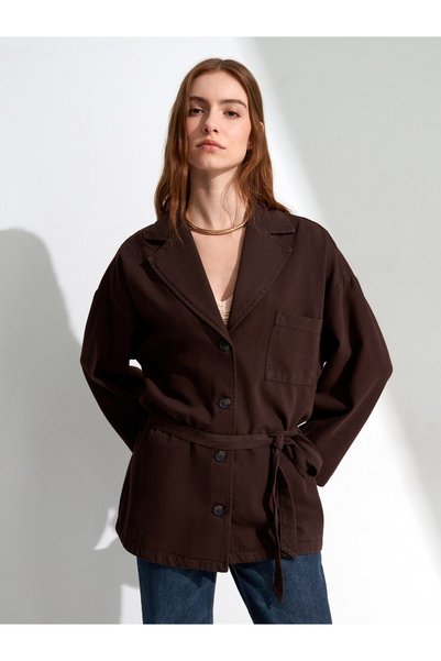 60808 Long Sleeve Belted Oversize Jacket with Pocket Detail - Brown