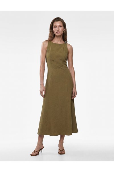 Aerobin Fabric Sleeveless Crew Neck Midi Dress with Metal Accessories