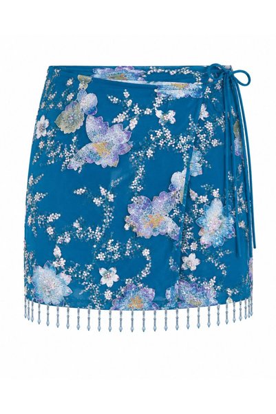 Blue Floral Sequin Embroidered Drawstring Side Tie Skirt - E4231