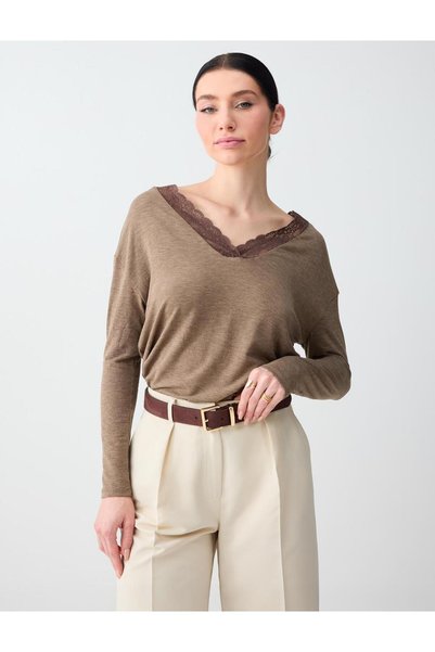Beige Melange Relaxed Cut V-Neck Lace Detailed Knitted Blouse