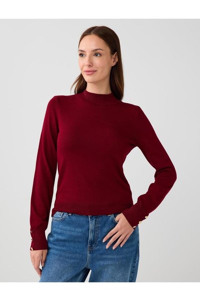 Burgundy Turtleneck Long Sleeve Button Detail Knit Sweater