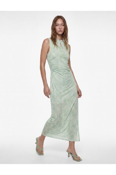 Sleeveless Window Detailed Floral Draped Midi Qipao Neck Tulle Dress