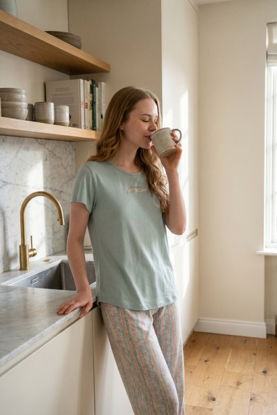 Round Neck Short Sleeve Pajama Set Light Green-512177
