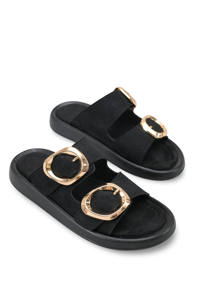 Women's Double Buckle Slippers 001226 Black Suede