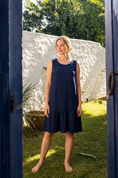 Women's Navy Blue Sleeveless Ruffle Dress Arm-26Y001081