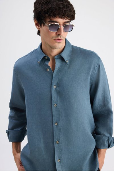 Ds Damat Comfort Petrol Flamlı Cotton-Linen Summer Shirt