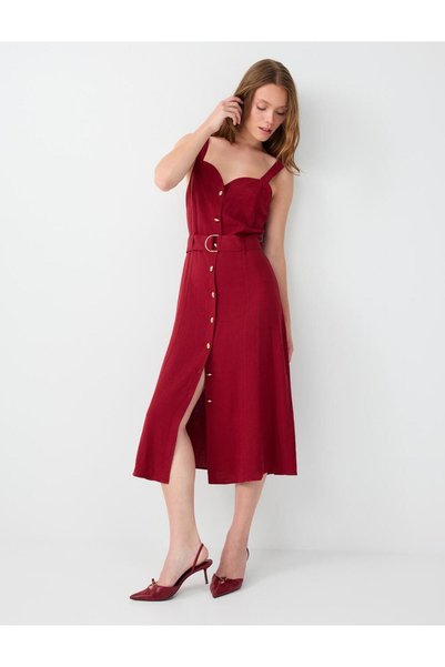 Red Linen Blend Dress with Heart Collar and Belt Detail