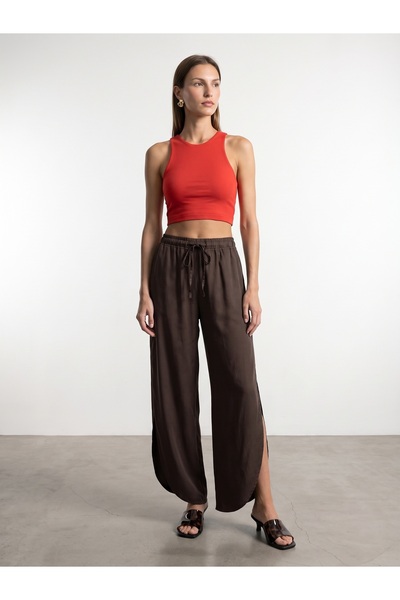 72343 100% Lyocell Side Open Trousers-Brown