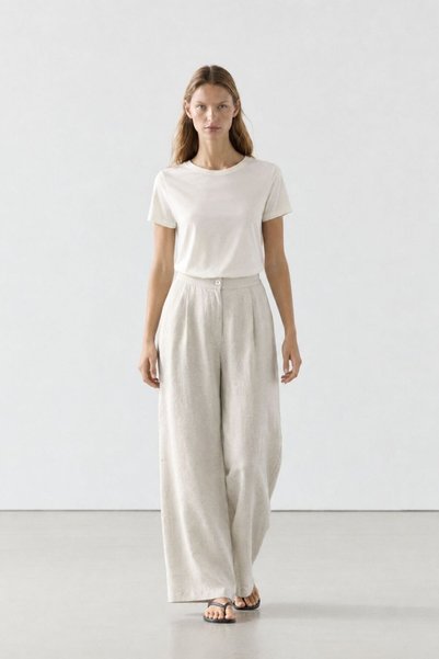 Linen Textured Loose Beige Trousers with Elastic Waist at the Back