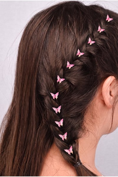 Set of 10 Hair Earrings with Pink Figures