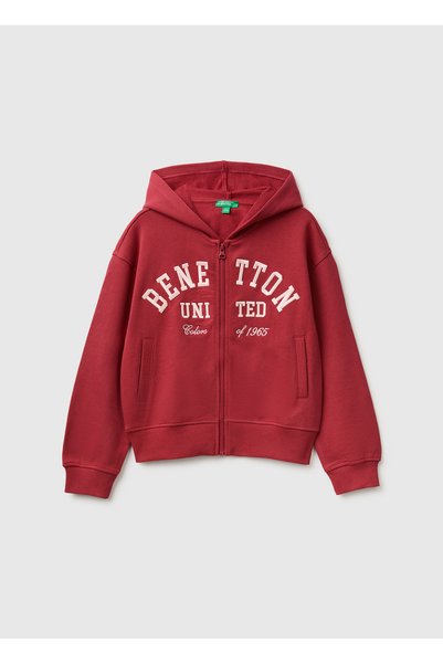 Girl's Red Front Embroidered Ribbed Pocket Hooded Zipper Sweatshirt