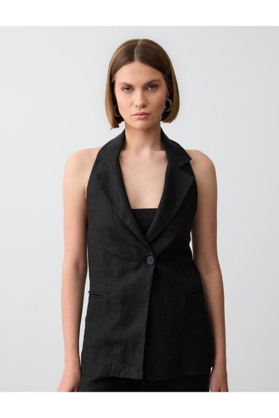 Black 100% Linen Slim Fit Backless Vest with Pocket Detail