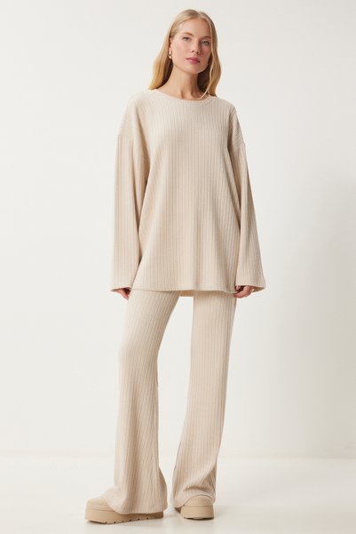 Women's Cream Comfortable Corded Knitted Blouse Trousers Set Rg00047